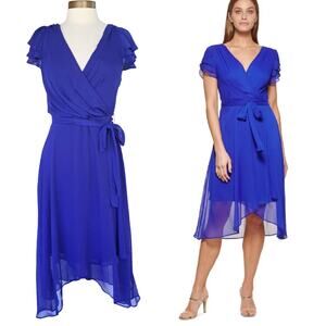 DKNY Blue Chiffon Faux Wrap Midi Dress Size 6 High Low